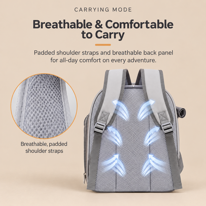 A gray mesh cat backpack shown from the back on a beige background, with text highlighting breathable padded shoulder straps and a breathable back panel. A circular inset zoom shows the mesh detail, and glowing blue arrow graphics indicate airflow on the back panel.