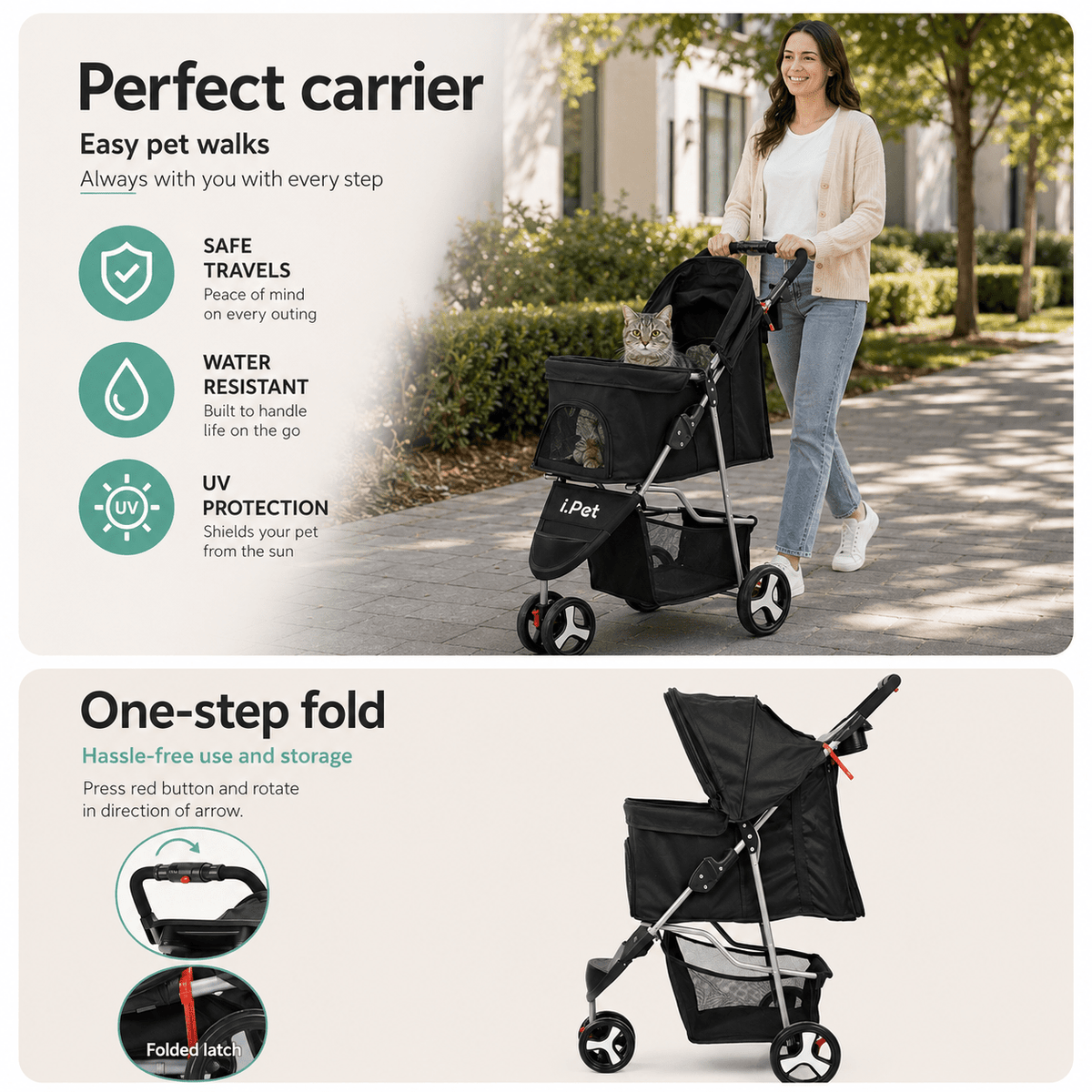 i.Pet Pet Stroller Foldable 3 Wheels - Coco & Harley - Pet Care > Cat Supplies > Cat Carriers & Crates - PET-STROLLER-3WL-BK