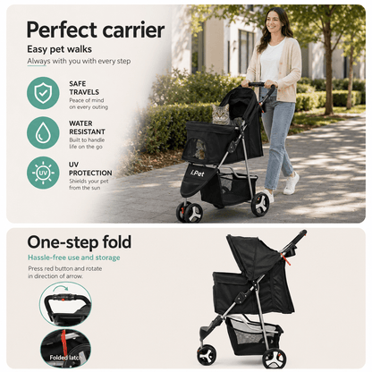 i.Pet Pet Stroller Foldable 3 Wheels - Coco & Harley - Pet Care > Cat Supplies > Cat Carriers & Crates - PET-STROLLER-3WL-BK