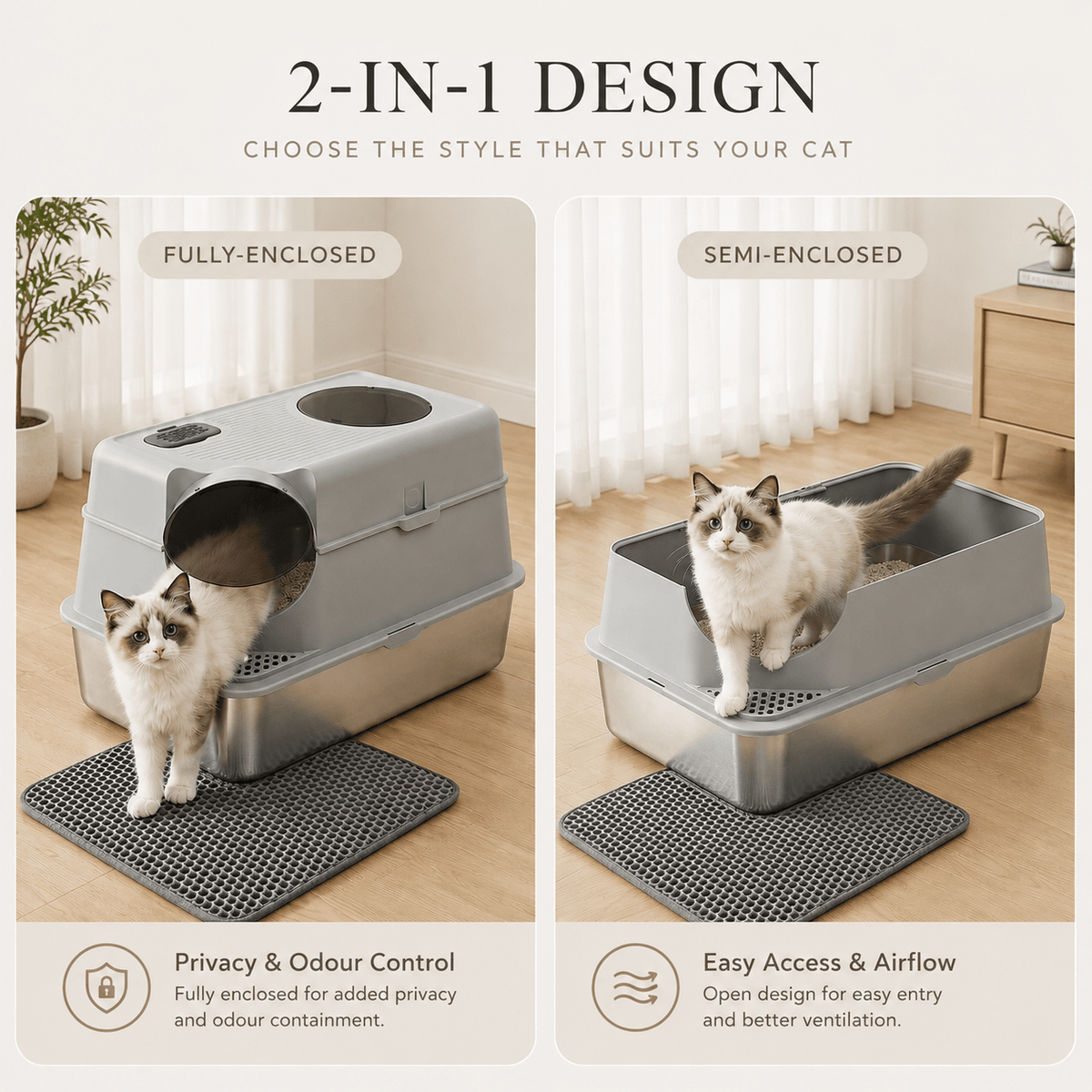 i.Pet Stainless Steel Enclosed Litter Box Set - Coco & Harley - Pet Care > Cat Supplies > Cat Litter - PET-CLB-STL-CV-LTGR