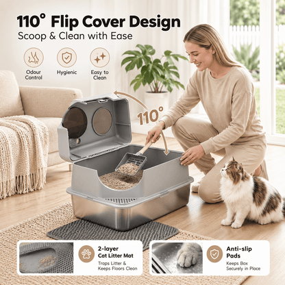 i.Pet Stainless Steel Enclosed Litter Box Set - Coco & Harley - Pet Care > Cat Supplies > Cat Litter - PET-CLB-STL-CV-LTGR