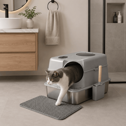 i.Pet Stainless Steel Enclosed Litter Box Set - Coco & Harley - Pet Care > Cat Supplies > Cat Litter - PET-CLB-STL-CV-LTGR