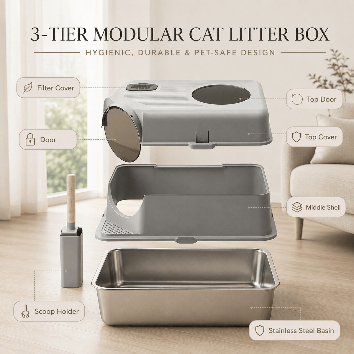 i.Pet Stainless Steel Enclosed Litter Box Set - Coco & Harley - Pet Care > Cat Supplies > Cat Litter - PET-CLB-STL-CV-LTGR