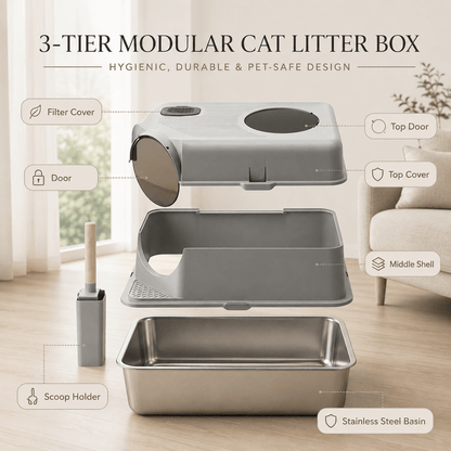 i.Pet Stainless Steel Enclosed Litter Box Set - Coco & Harley - Pet Care > Cat Supplies > Cat Litter - PET-CLB-STL-CV-LTGR