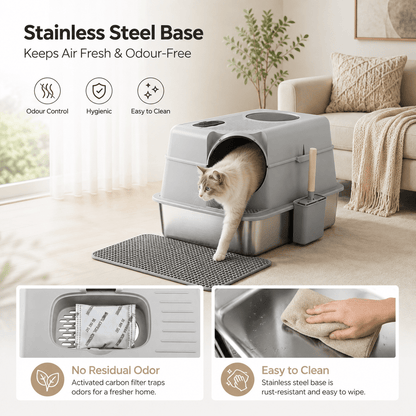 i.Pet Stainless Steel Enclosed Litter Box Set - Coco & Harley - Pet Care > Cat Supplies > Cat Litter - PET-CLB-STL-CV-LTGR